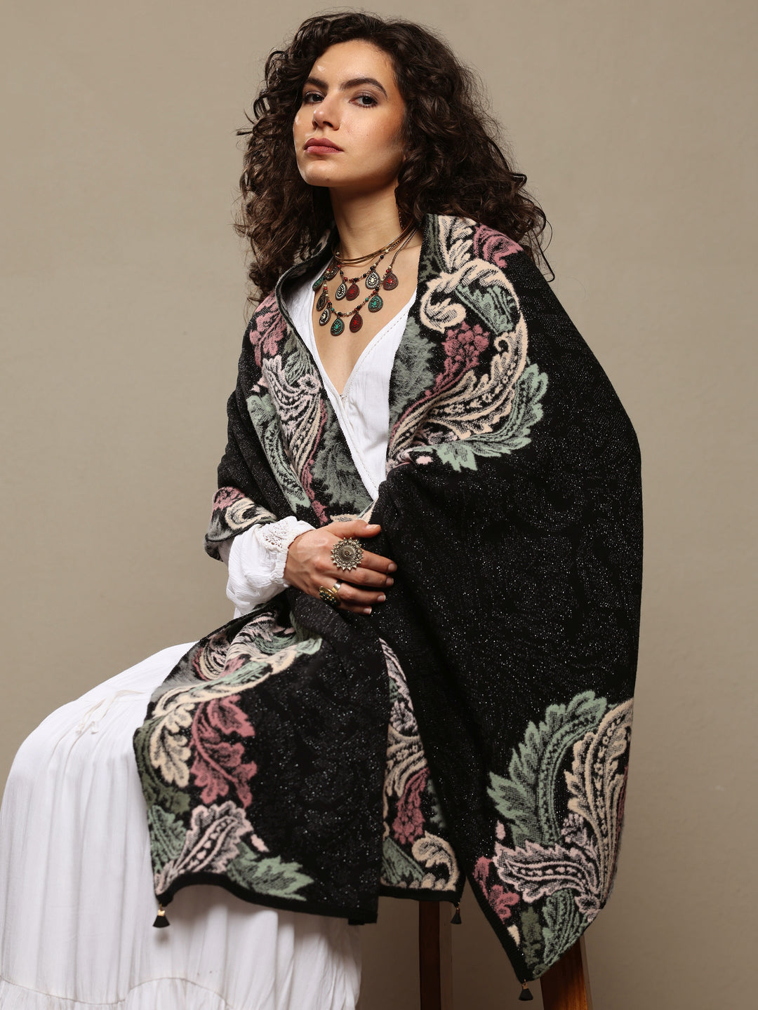  Black Woven Design Wool Women's Shawl 