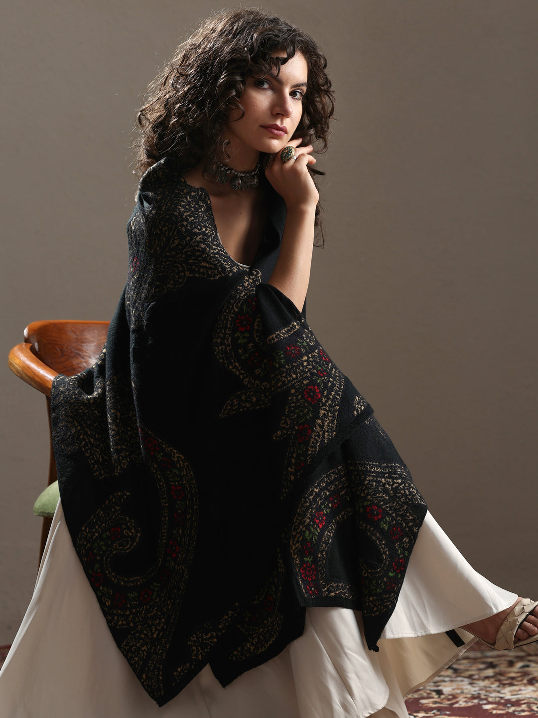  Black Woven Design Wool Women's Shawl 