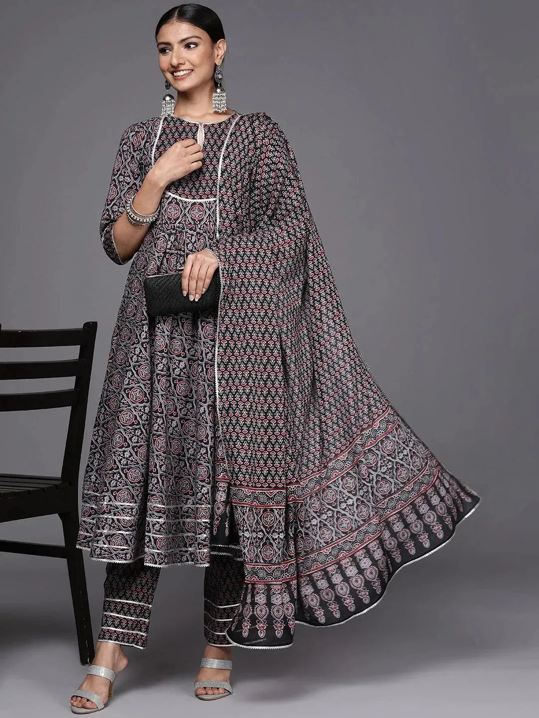 Black Yoke Design Cotton Anarkali Suit Set - Libas 