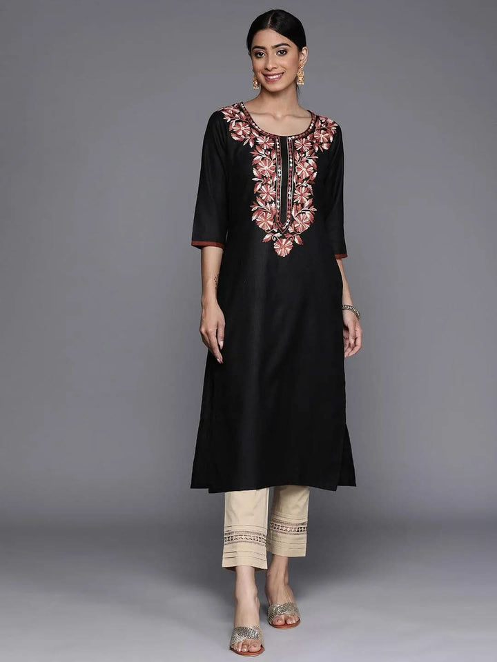 Black Yoke Design Cotton Straight Kurta - Libas