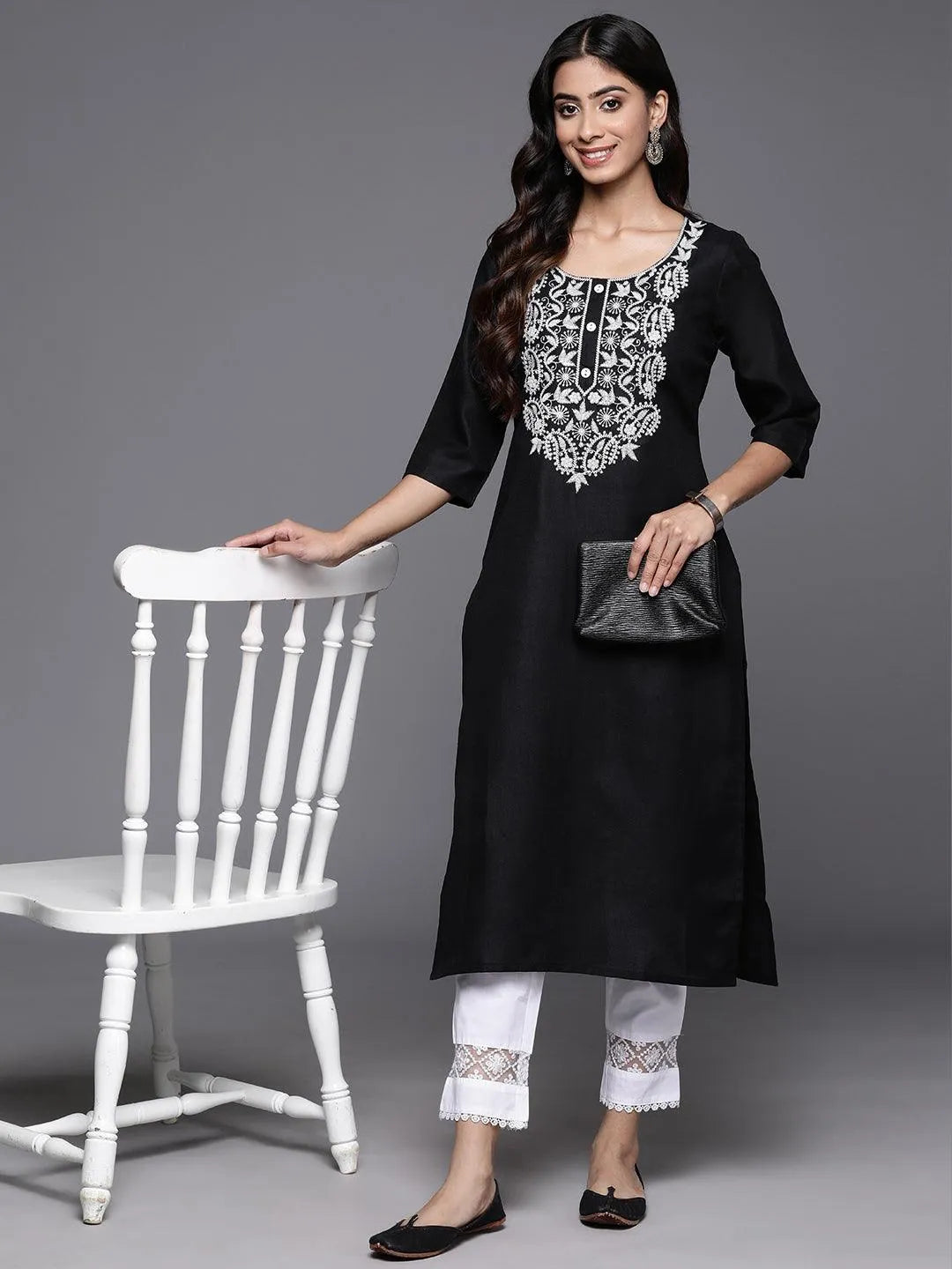 Black Yoke Design Cotton Straight Kurta - Libas