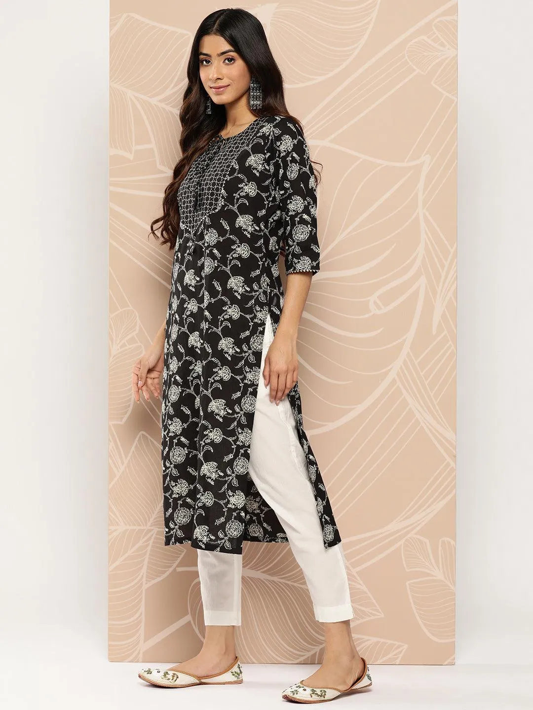 Black Yoke Design Cotton Straight Kurta - Libas 