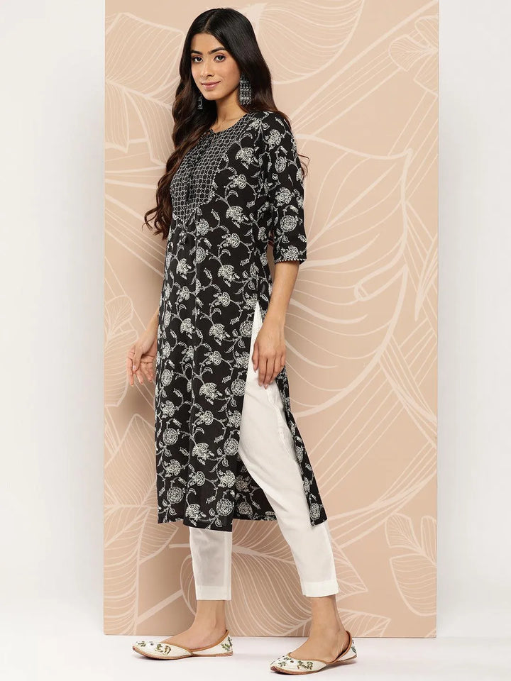 Black Yoke Design Cotton Straight Kurta - Libas