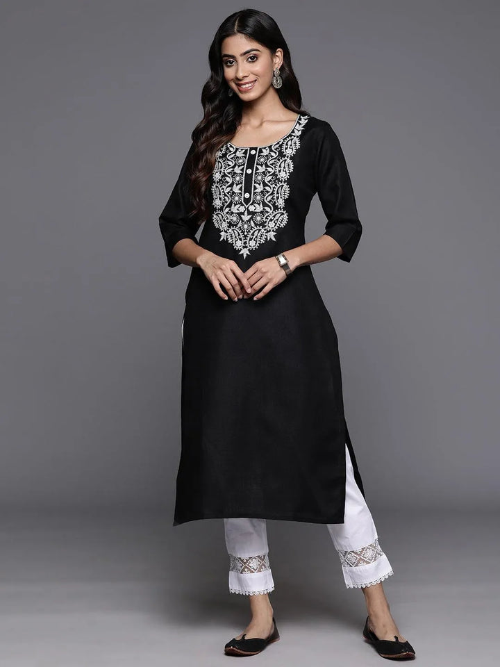 Black Yoke Design Cotton Straight Kurta - Libas