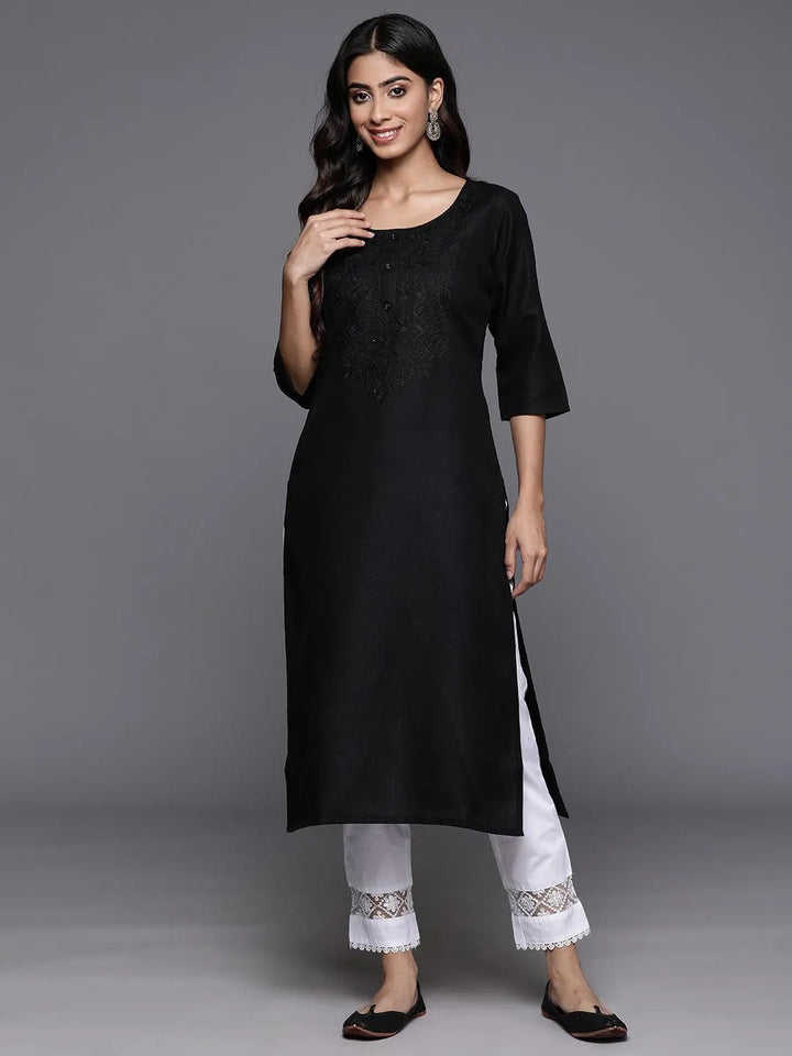 Black Yoke Design Cotton Straight Kurta - Libas