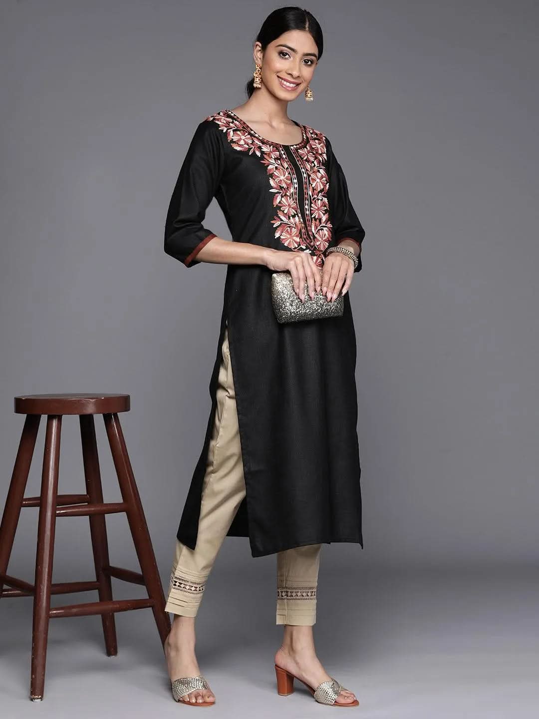 Black Yoke Design Cotton Straight Kurta - Libas 