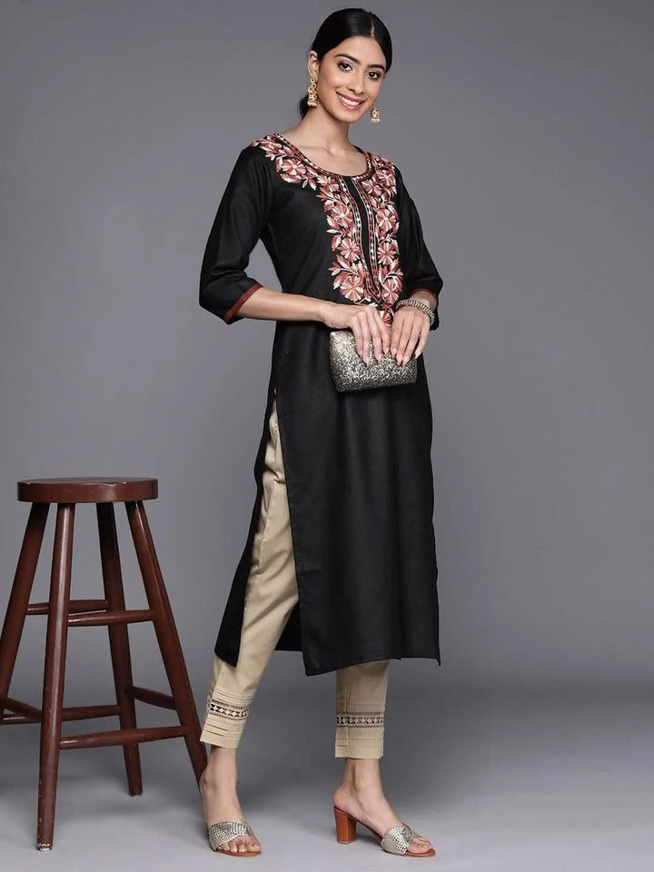 Black Yoke Design Cotton Straight Kurta - Libas