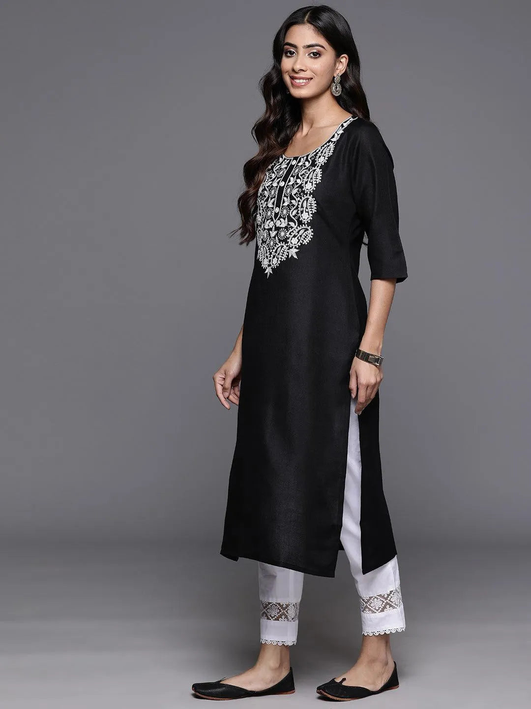 Black Yoke Design Cotton Straight Kurta - Libas