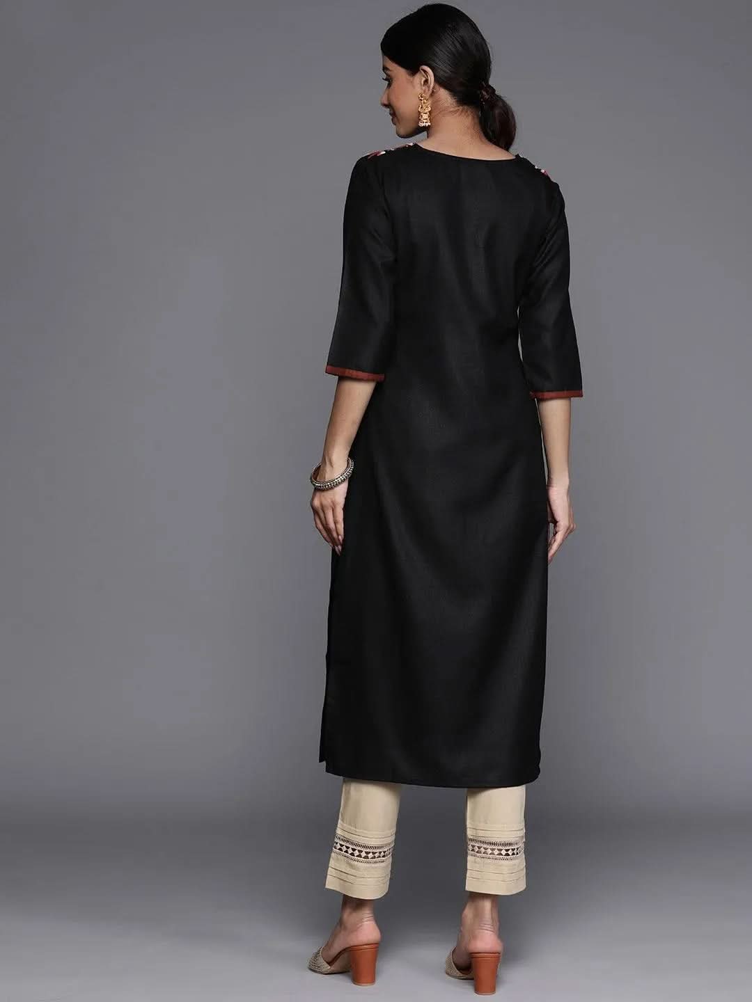 Black Yoke Design Cotton Straight Kurta - Libas 