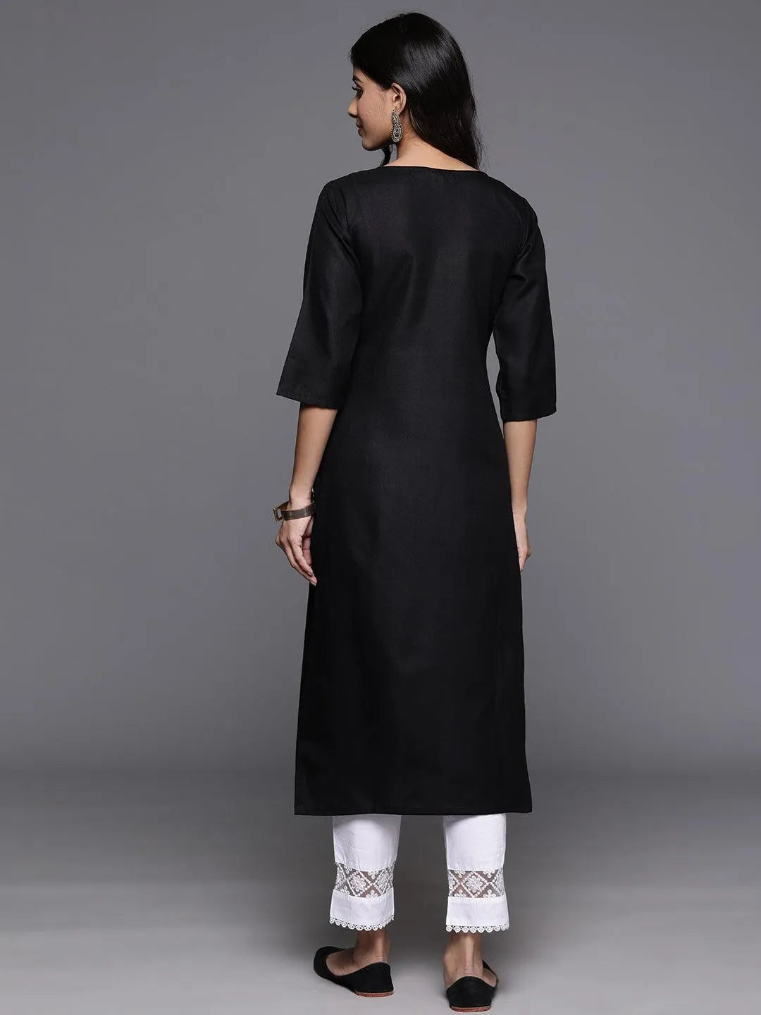 Black Yoke Design Cotton Straight Kurta - Libas