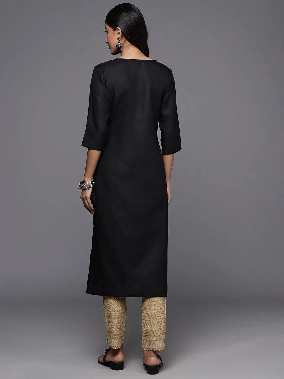 Black Yoke Design Cotton Straight Kurta - Libas