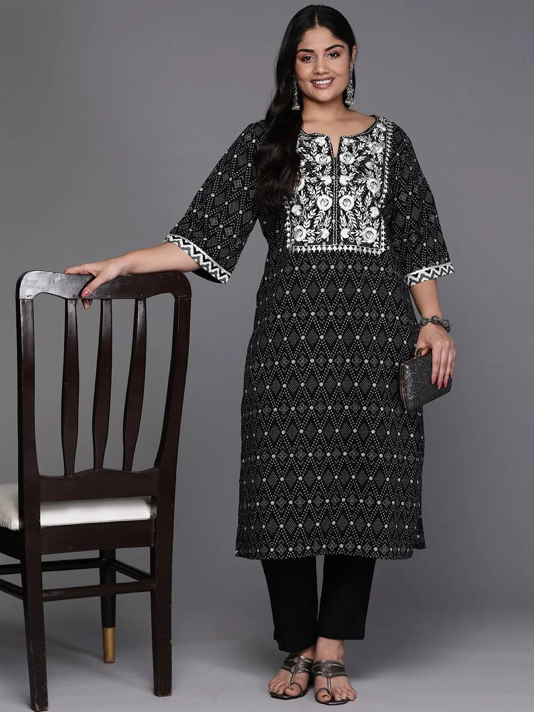 Black Yoke Design Cotton Straight Kurta - Libas