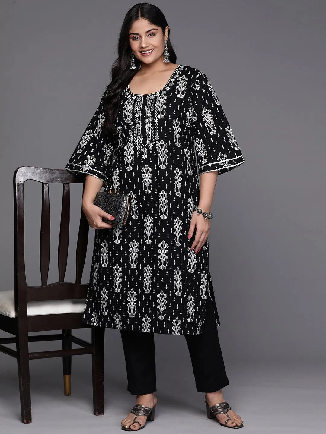Black Yoke Design Cotton Straight Kurta - Libas 
