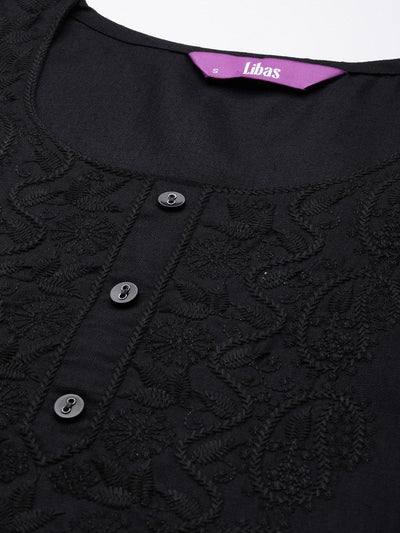 Black Yoke Design Cotton Straight Kurta - Libas