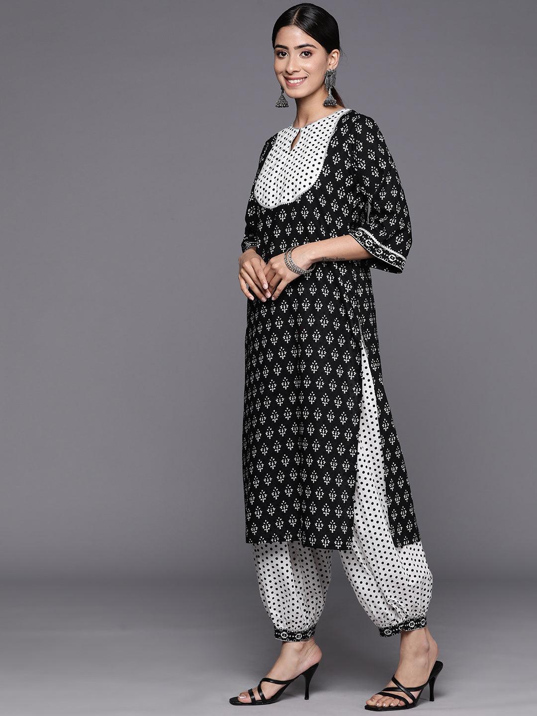Black Yoke Design Cotton Straight Suit Set With Salwar - Libas