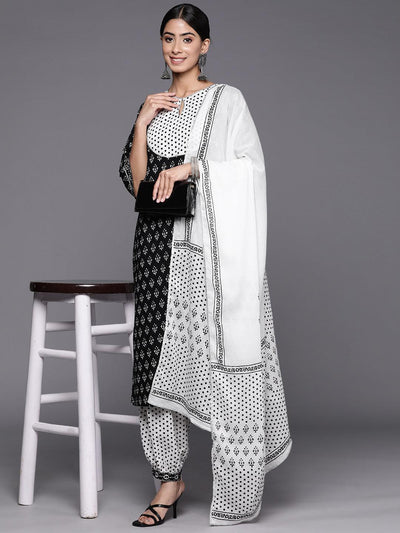 Black Yoke Design Cotton Straight Suit Set With Salwar - Libas