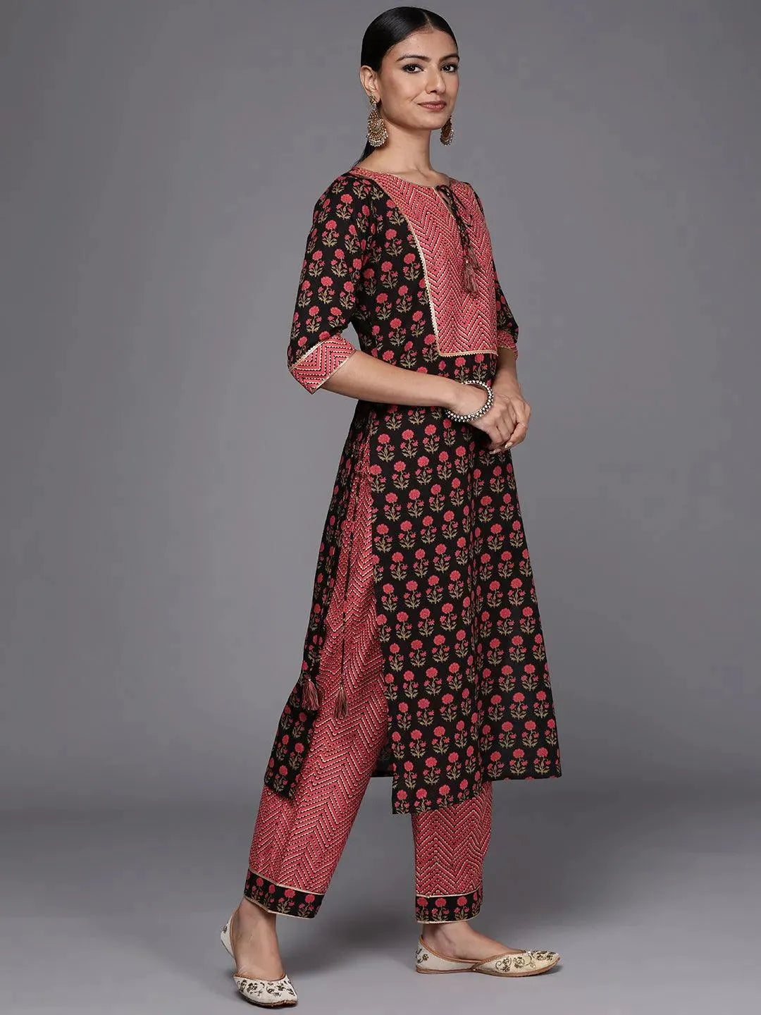 Black Yoke Design Cotton Straight Suit Set - Libas 