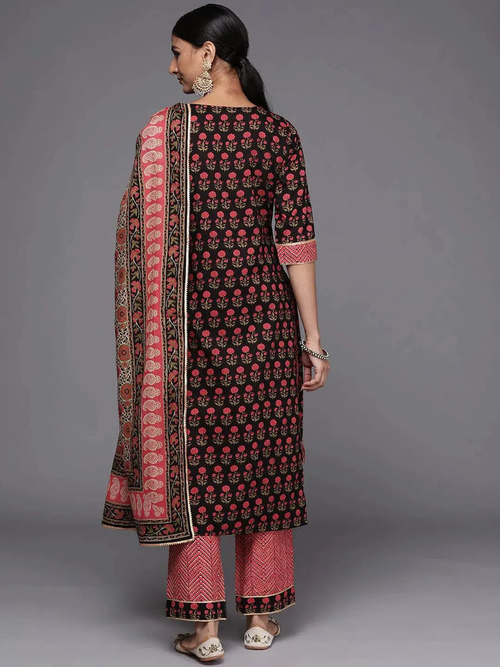 Black Yoke Design Cotton Straight Suit Set - Libas