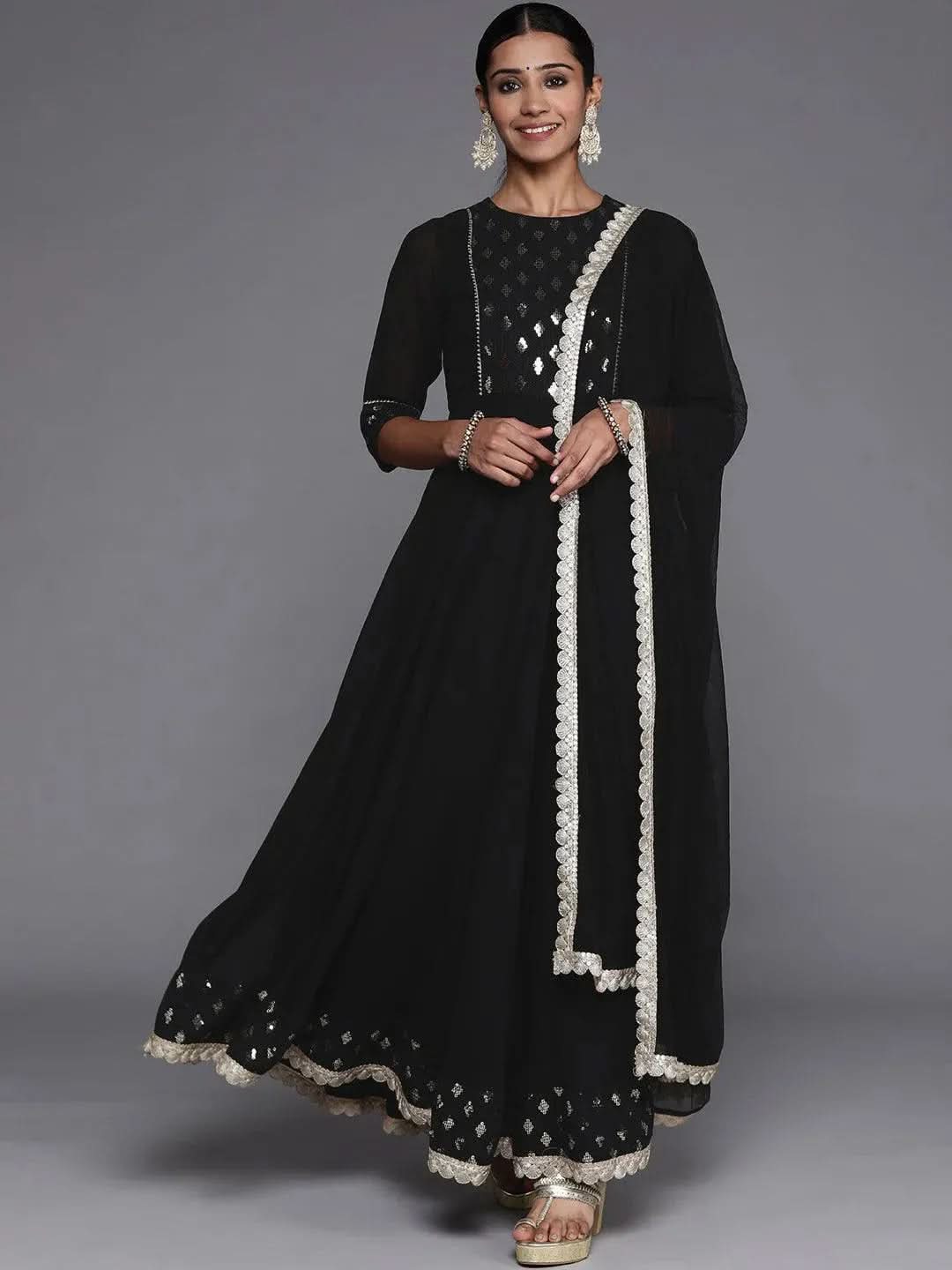 

Black Yoke Design Georgette Anarkali Kurta With Churidar & Dupatta