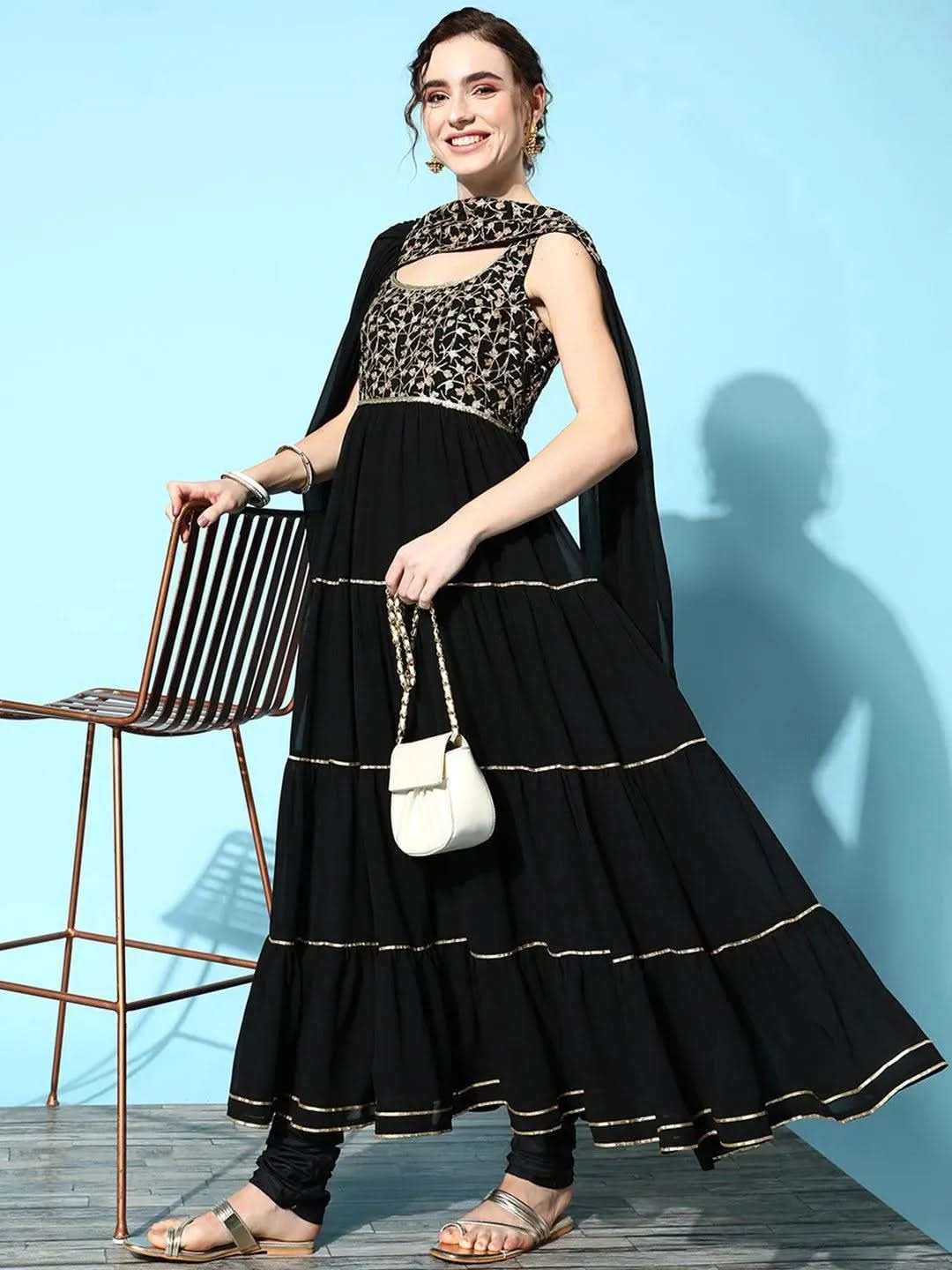 Black Yoke Design Georgette Anarkali Churidar Suit Set - Libas 