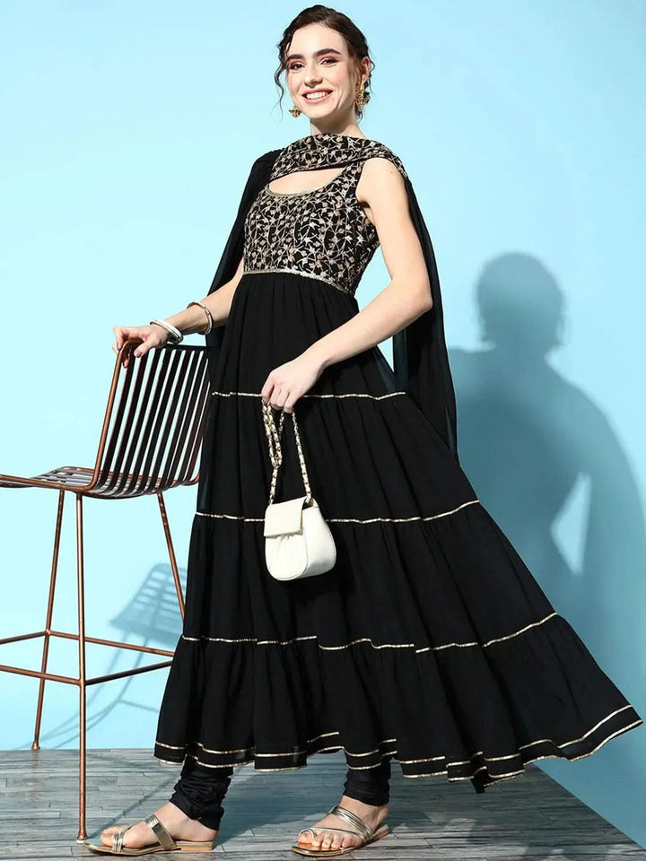 Black Yoke Design Georgette Anarkali Churidar Suit Set - Libas
