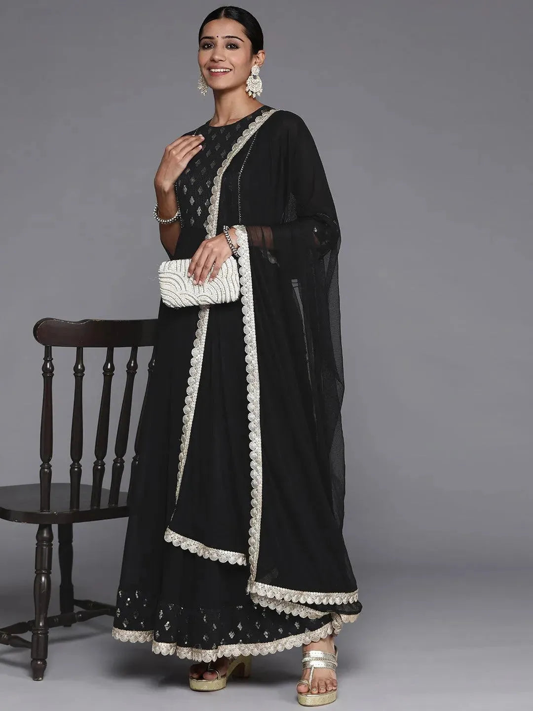 Black Yoke Design Georgette Anarkali Suit Set With Churidar - Libas