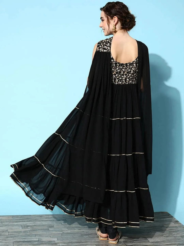 Black Yoke Design Georgette Anarkali Churidar Suit Set - Libas
