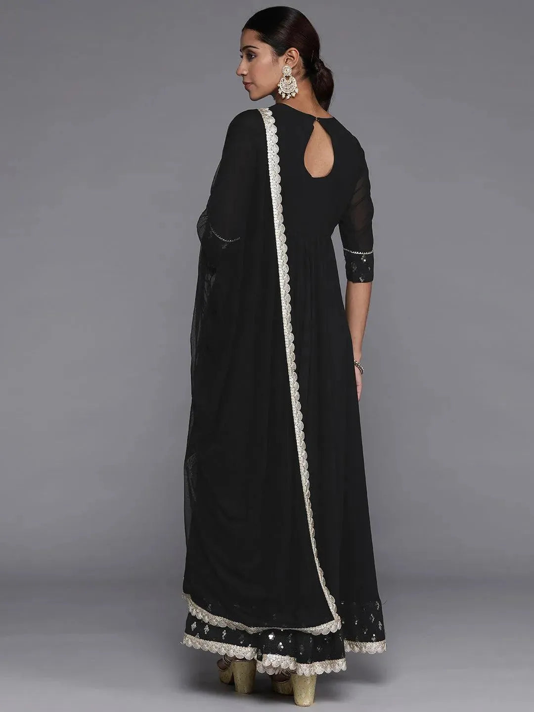 Black Yoke Design Georgette Anarkali Suit Set With Churidar - Libas