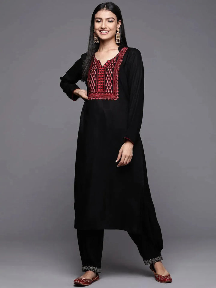 Black Yoke Design Pashmina Wool Straight Kurta - Libas