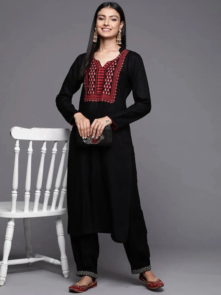 Black Yoke Design Pashmina Wool Straight Kurta - Libas