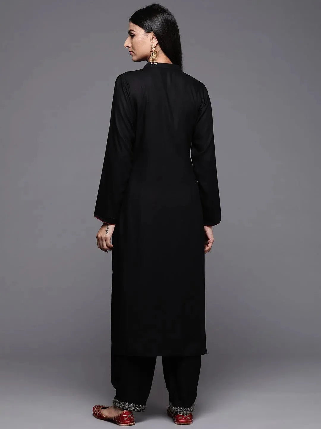 Black Yoke Design Pashmina Wool Straight Kurta - Libas 