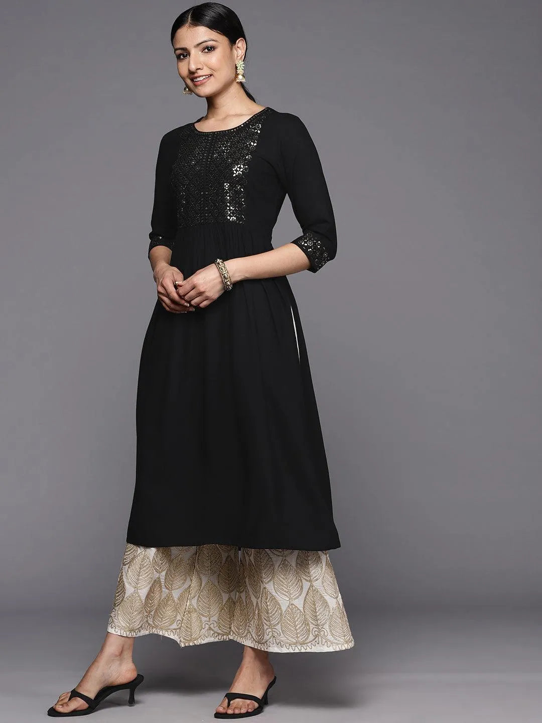 Black Yoke Design Rayon A-Line Kurta - Libas 