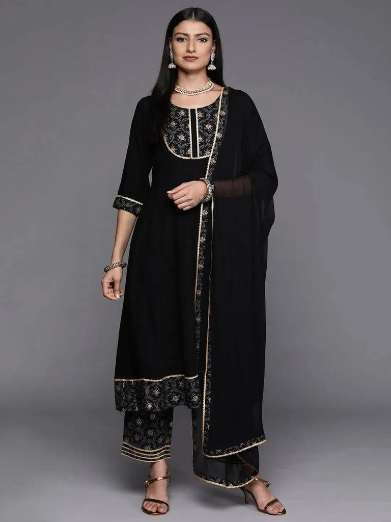 Libas Black Yoke Design Rayon A-Line Kurta With Trousers & Dupatta