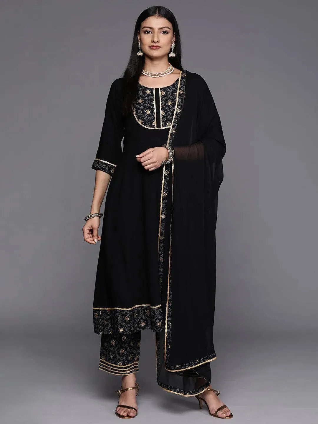 

Black Yoke Design Rayon A-Line Kurta With Trousers & Dupatta