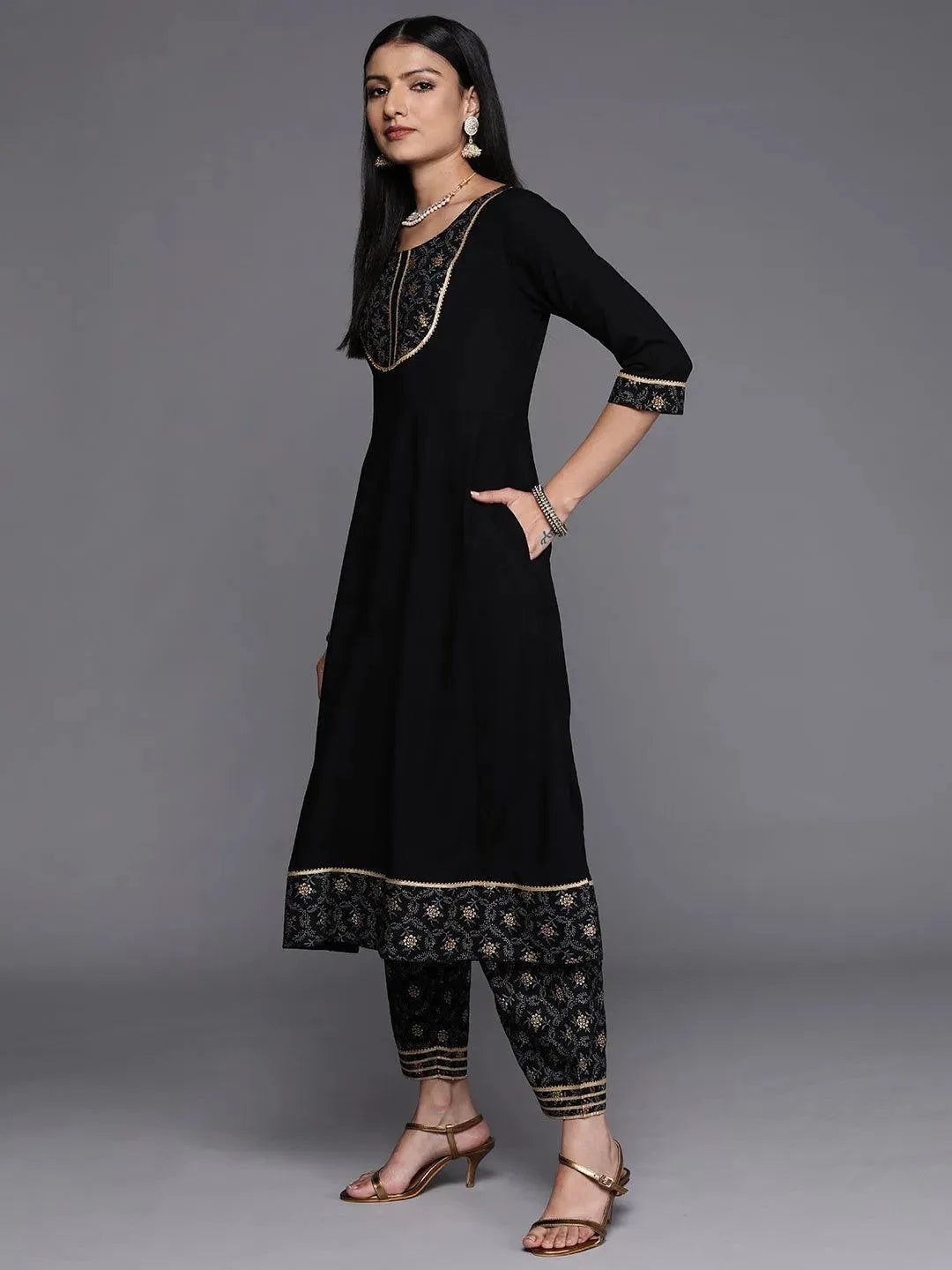 Black Yoke Design Rayon A-Line Suit Set With Trousers - Libas 