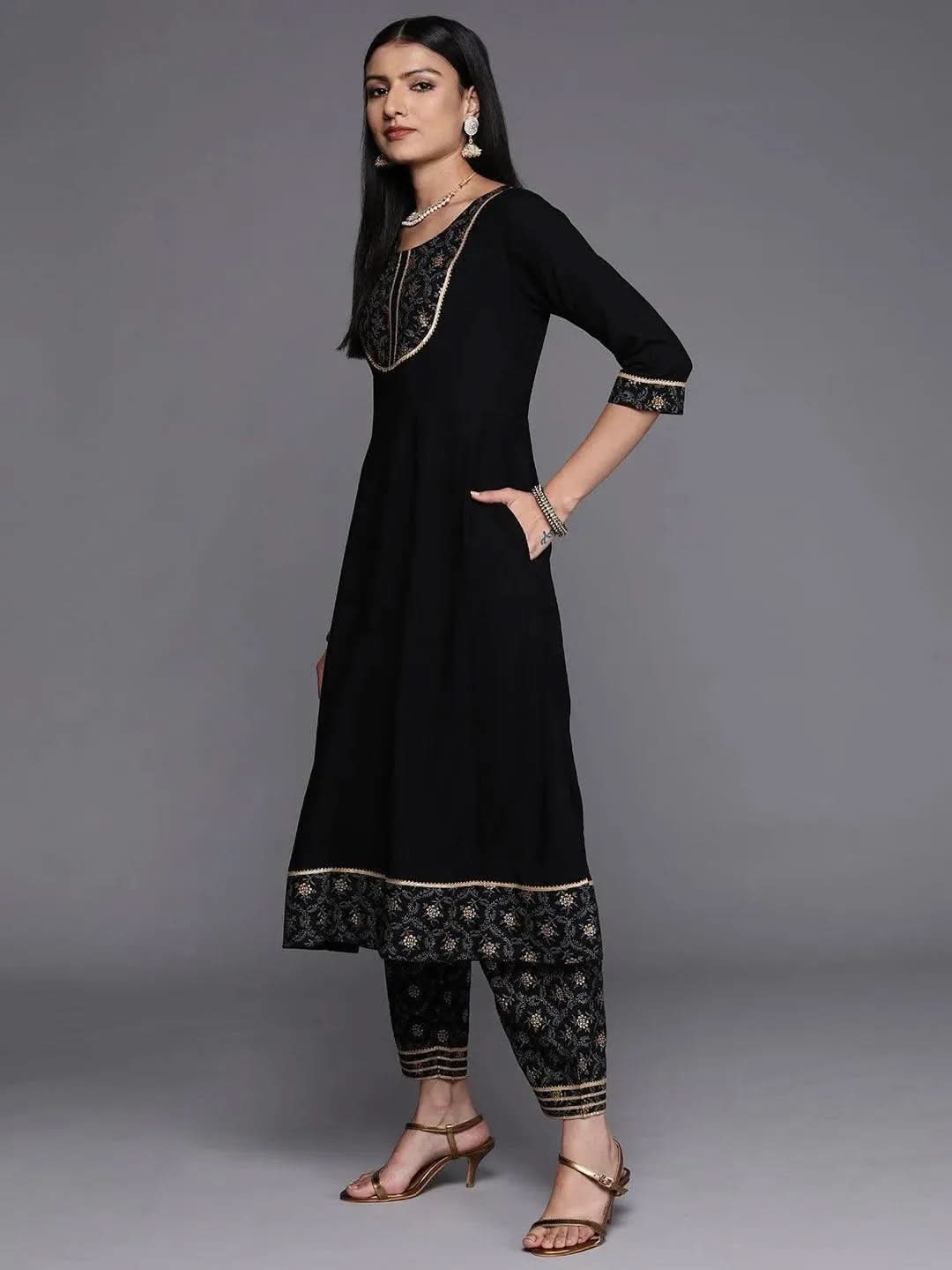 

Black Yoke Design Rayon A-Line Kurta With Trousers & Dupatta