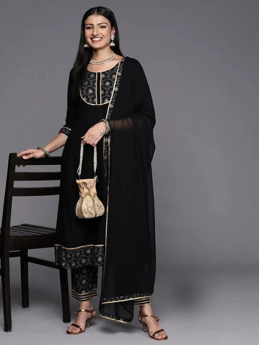 Black Yoke Design Rayon A-Line Suit Set With Trousers - Libas 