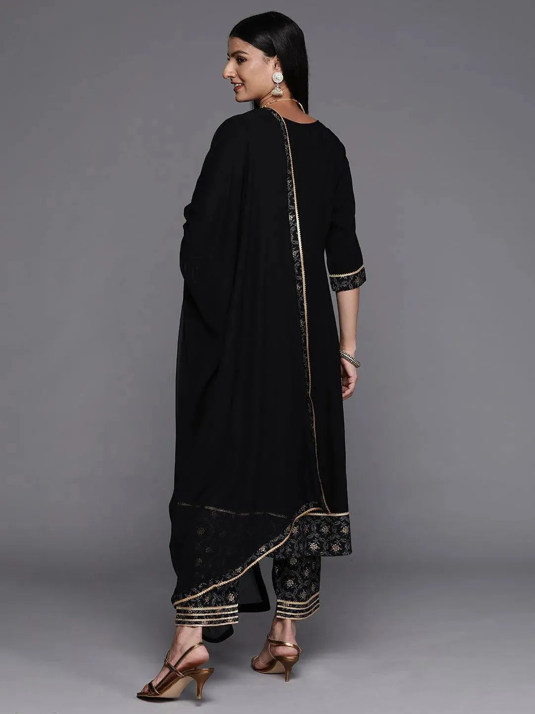 Black Yoke Design Rayon A-Line Suit Set With Trousers - Libas 