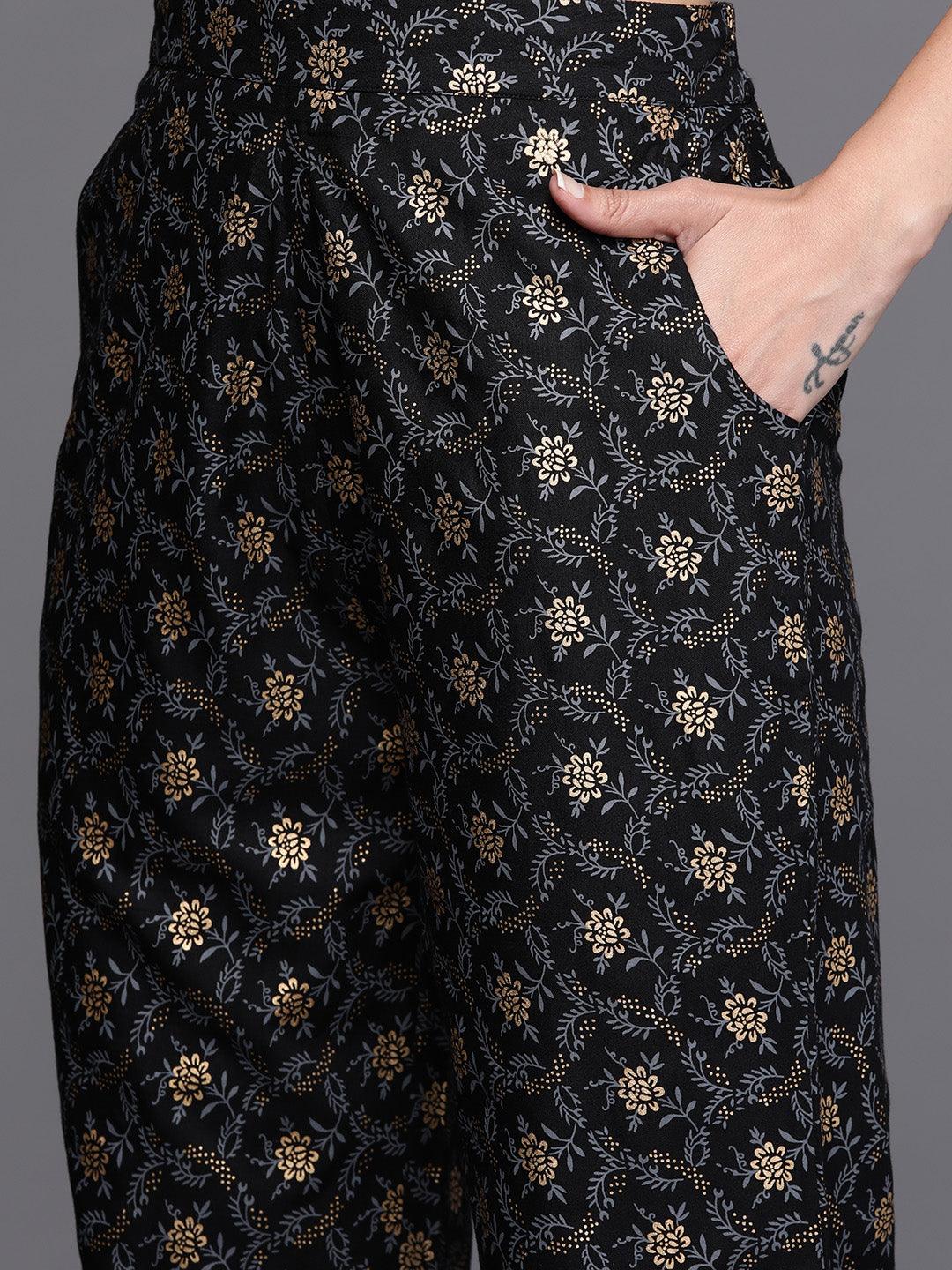 Black Yoke Design Rayon A-Line Kurta With Trousers & Dupatta