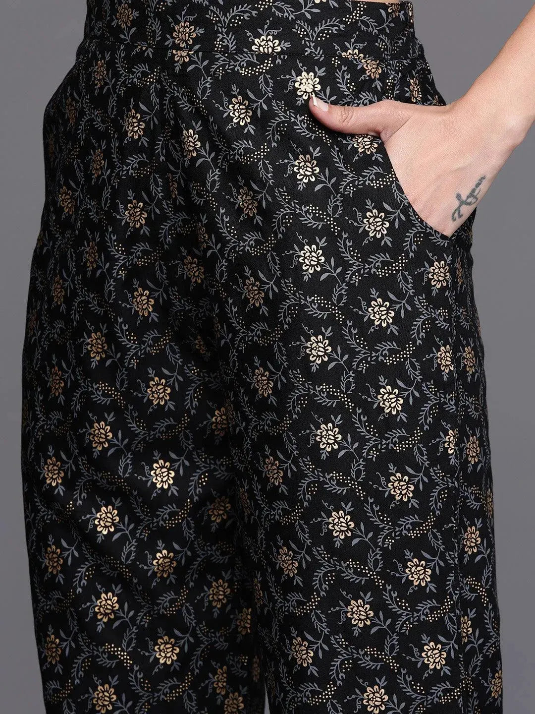 Black Yoke Design Rayon A-Line Suit Set With Trousers - Libas 
