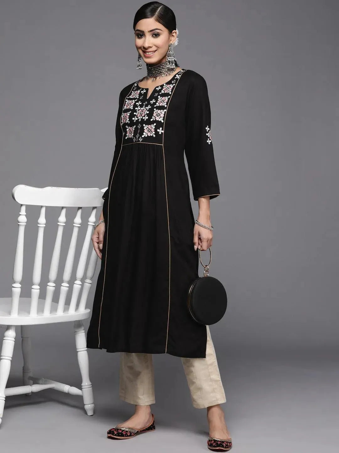 Black Yoke Design Rayon Kurta - Libas 