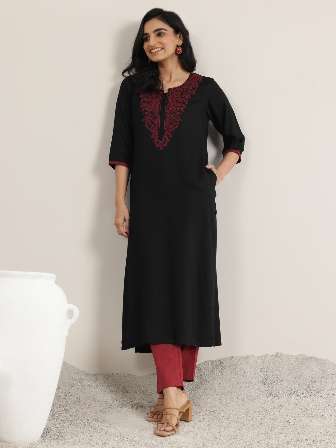  Black Yoke Design Rayon Straight Kurta 