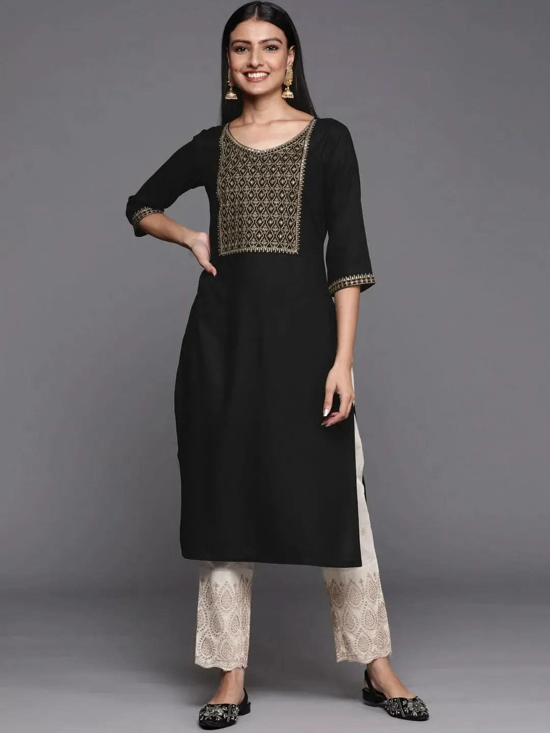 Black Yoke Design Rayon Straight Kurta - Libas