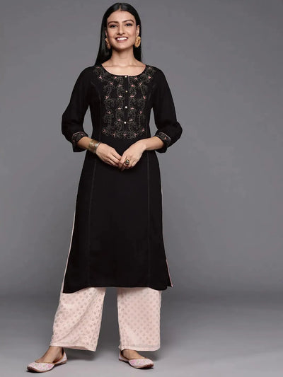 Black Yoke Design Rayon Straight Kurta - Libas