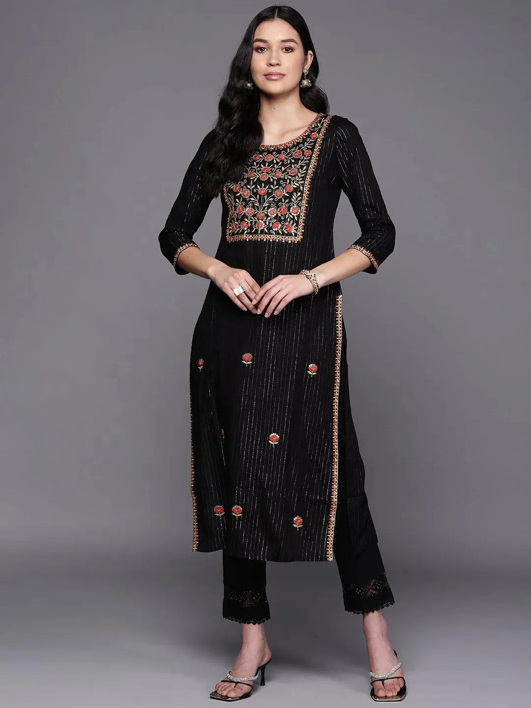 Black Yoke Design Rayon Straight Kurta - Libas