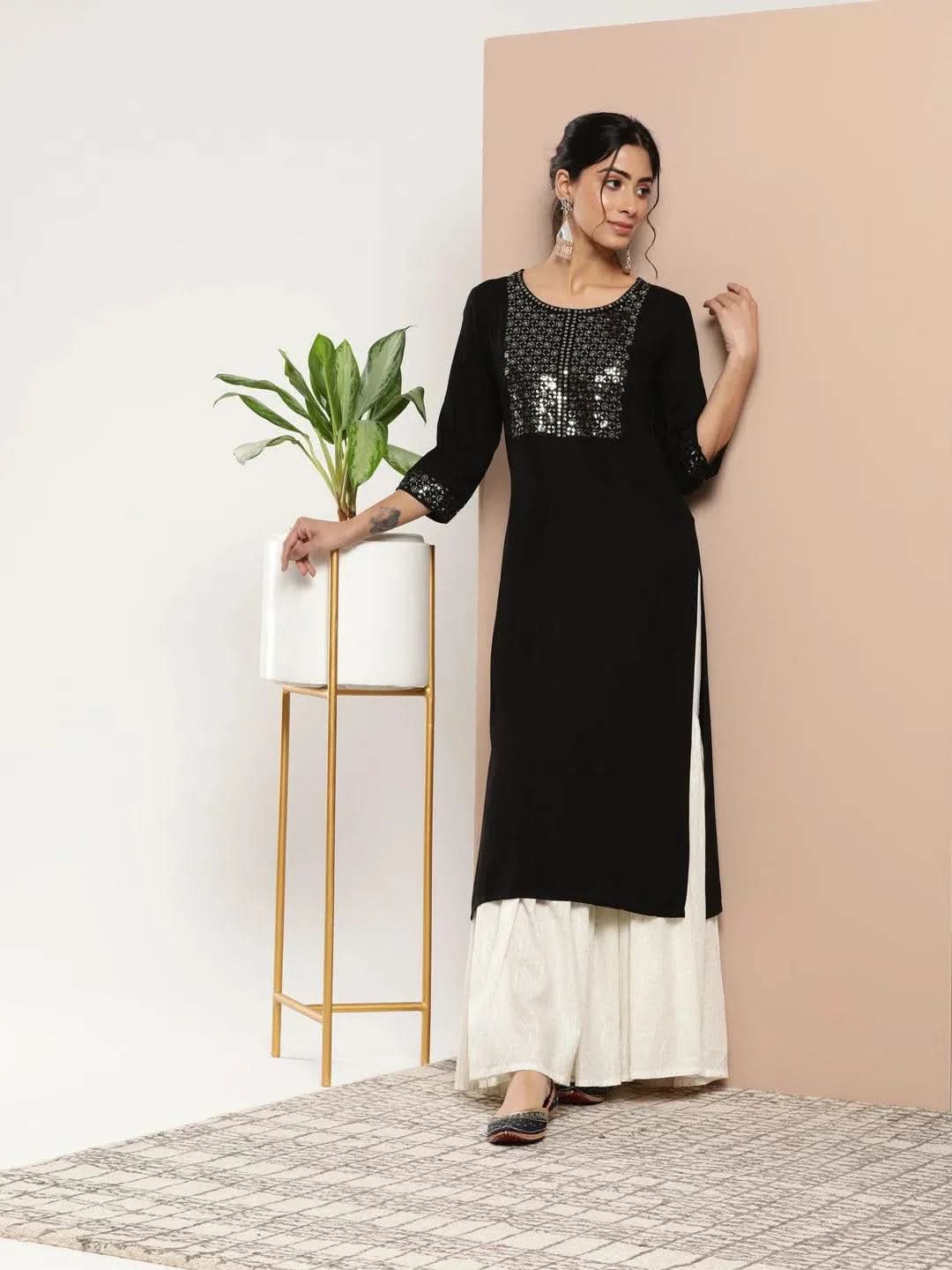 Black Yoke Design Rayon Straight Kurta - Libas 
