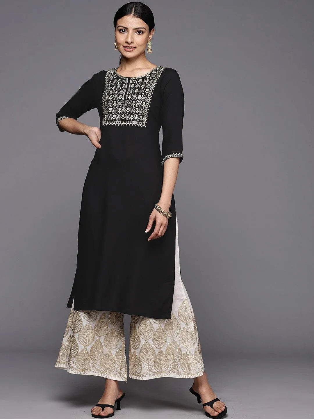 Black Printed Rayon Straight Kurta - Libas