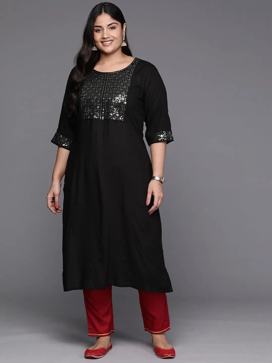 Black Yoke Design Rayon Straight Kurta - Libas 