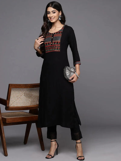 Black Yoke Design Rayon Straight Kurta - Libas