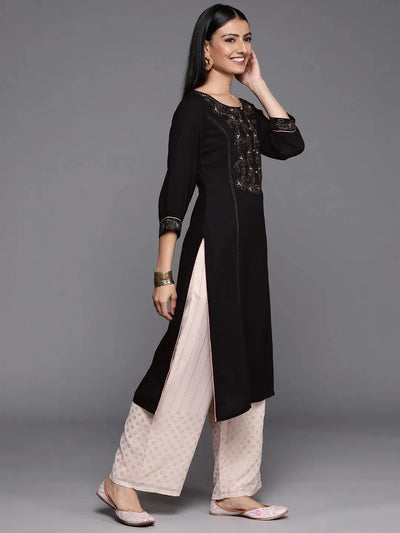 Black Yoke Design Rayon Straight Kurta - Libas